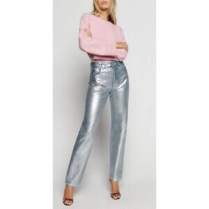 Reformation 'Cynthia' Silver High Rise Coated Straight Denim Jeans Size 31